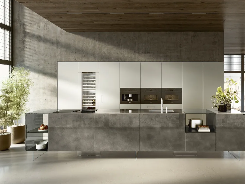 Cucina Design con isola 36e8 Project 2812 in vetro di Lago