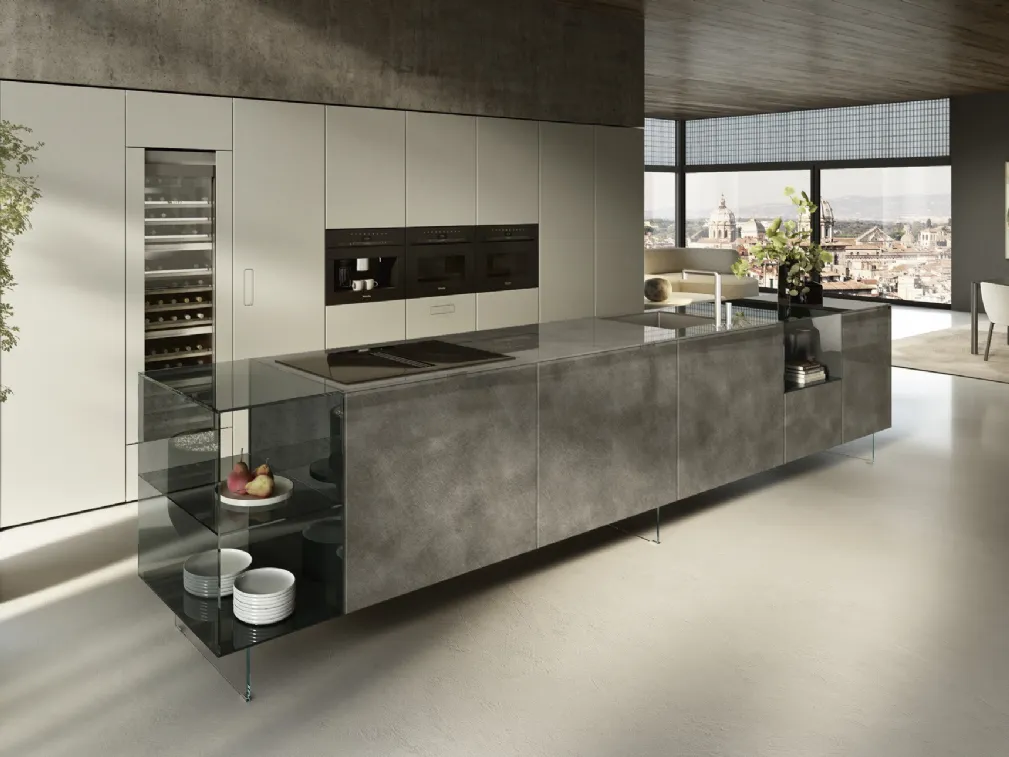 Cucina Design con isola 36e8 Project 2812 in vetro di Lago