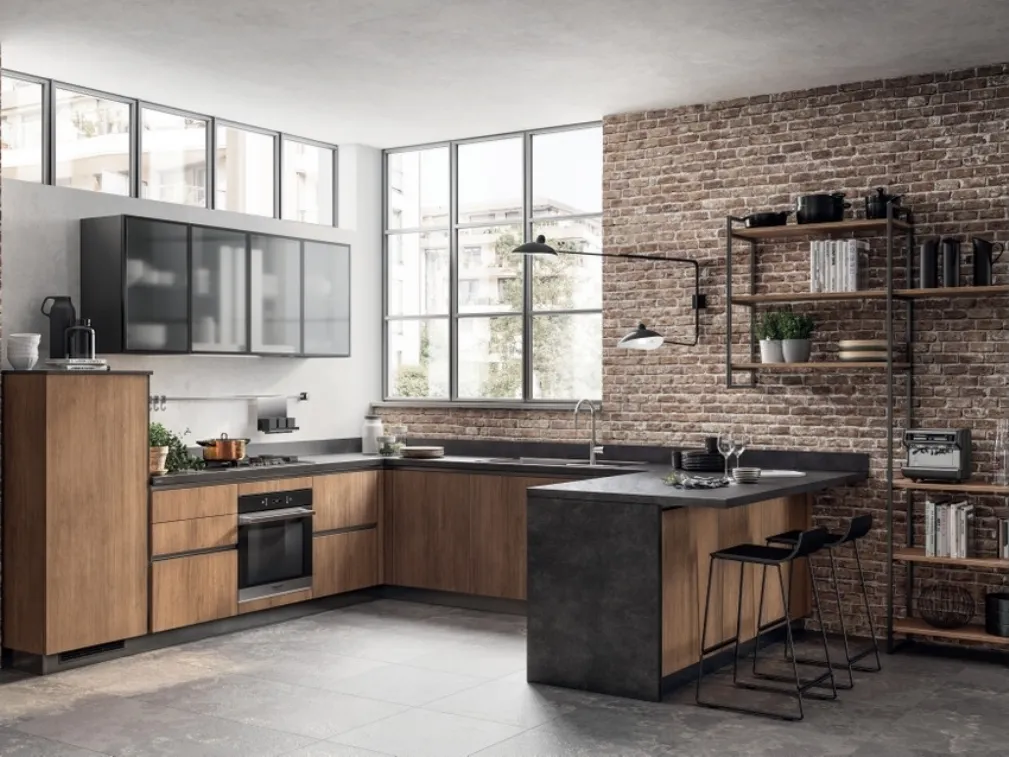 Cucina Moderna con penisola Evolution Rovere Land di Scavolini