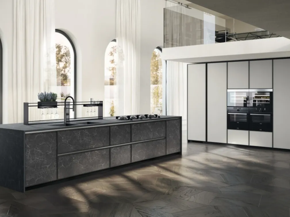 Cucina Moderna Jeometrica in gres Nero Greco e Fenix Grigio Efeso di Scavolini